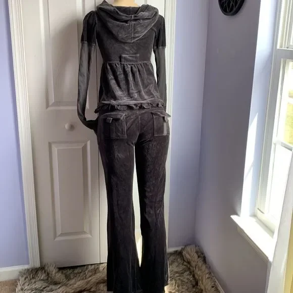 Juicy Couture Track Suit Set Jacket & Pants Velour S/P Dark Gray - Picture 8 of 16